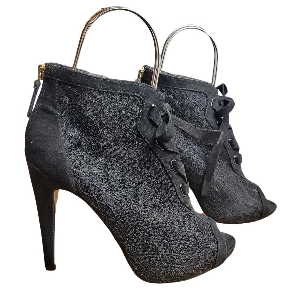 Nine West Enetta Black Lace High Heels Women's 7.5 Peep Toe Zip Boho Whimsigoth.